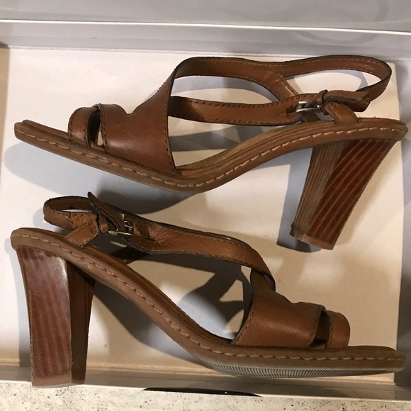 NINE WEST Leather Sandals Heels Women's Size 5.5 Tan Brown Ankle Strap - Picture 1 of 5